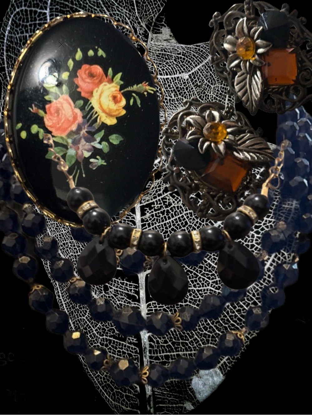 Vintage Goth Influenced Black Bead Necklace, Floral Earrings & Brooch